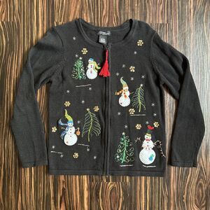 Vtg ML Design Sweater Size L Black Christmas Cardigan Winter Snowman Zip